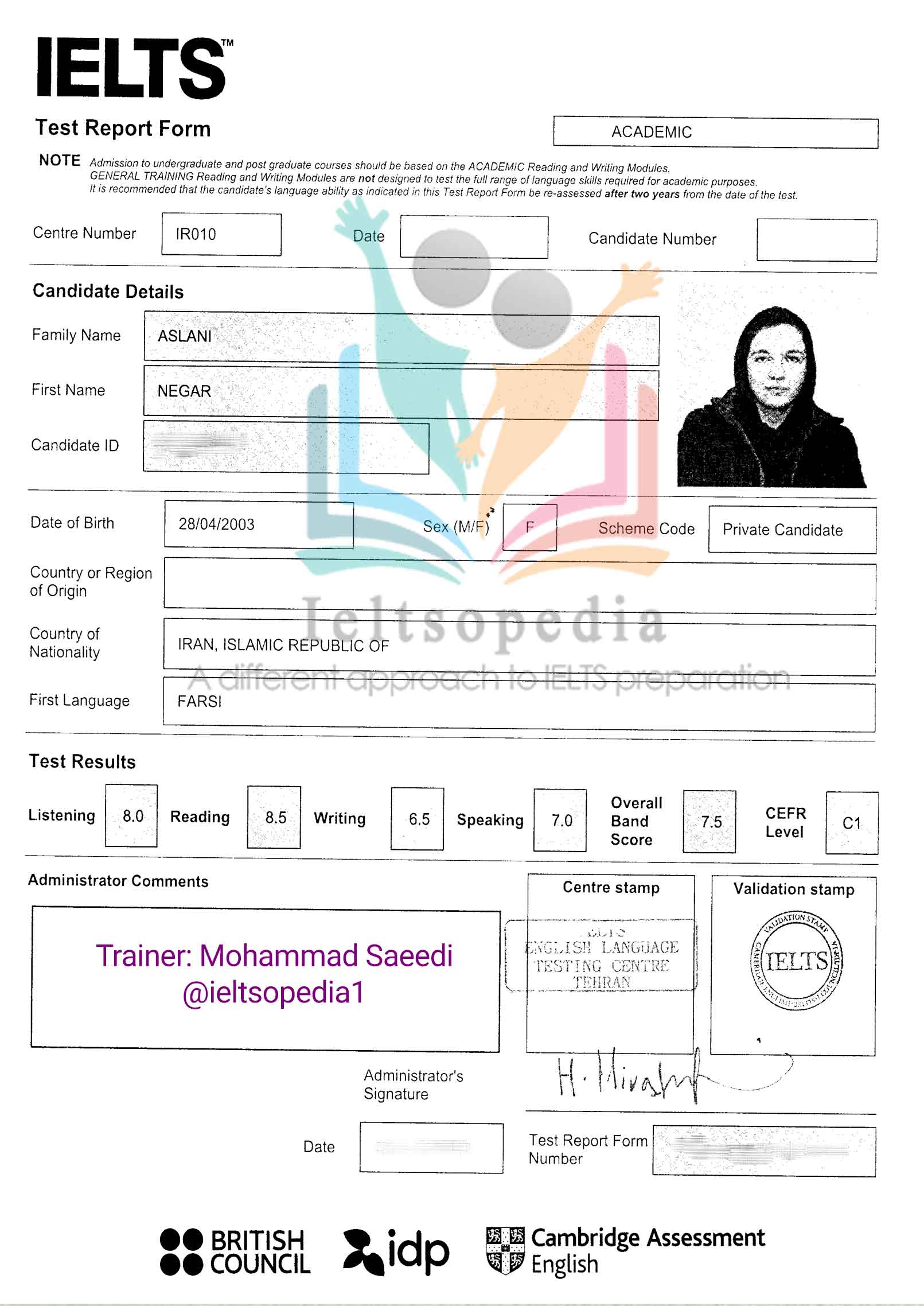 کارنامه آیلتس Negar Aslani